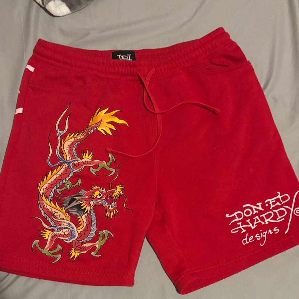 Ed Hardy Red Men's Athletic Shorts with Dragon Design